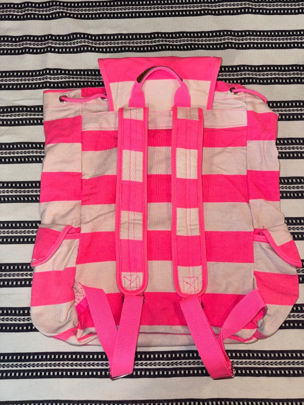 NWOT, Y2K PINK Victoria's Secret Neon Pink Striped Canvas Backpack, Vintage - Picture 3 of 11